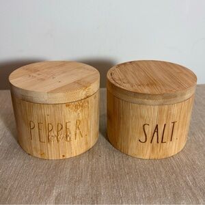 RAE DUNN Salt and Pepper Carved into the  Bamboo Cellars Containers